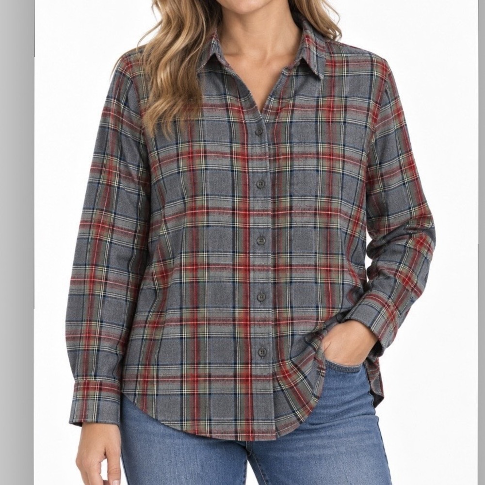 LL Bean Gray Scotch Plaid Cotton Flannel Button Shirt Relaxed Fit SMALL